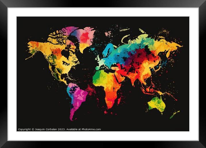 World map, planisphere, with a black background and colorful rel Framed Mounted Print by Joaquin Corbalan