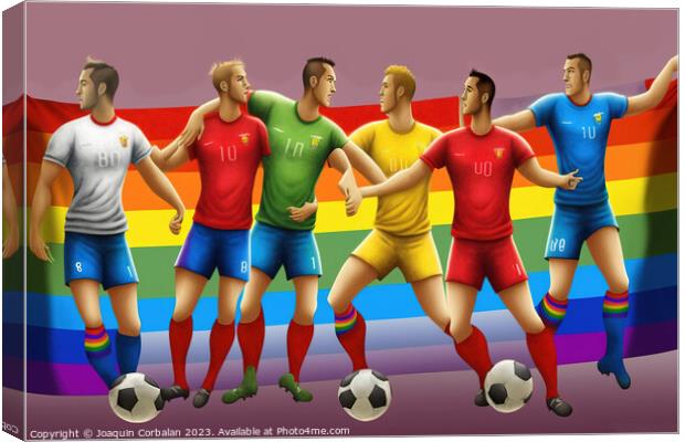 Illustration with soccer players and the lgtbi rainbow flag to c Canvas Print by Joaquin Corbalan