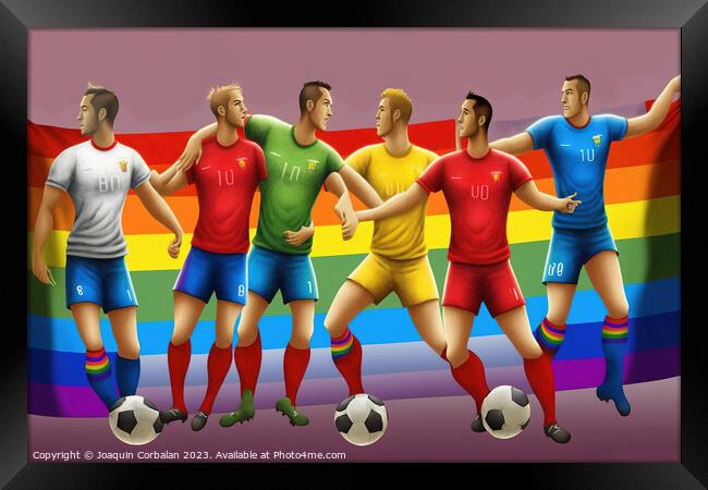 Illustration with soccer players and the lgtbi rainbow flag to c Framed Print by Joaquin Corbalan