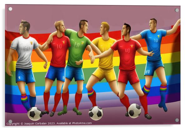 Illustration with soccer players and the lgtbi rainbow flag to c Acrylic by Joaquin Corbalan
