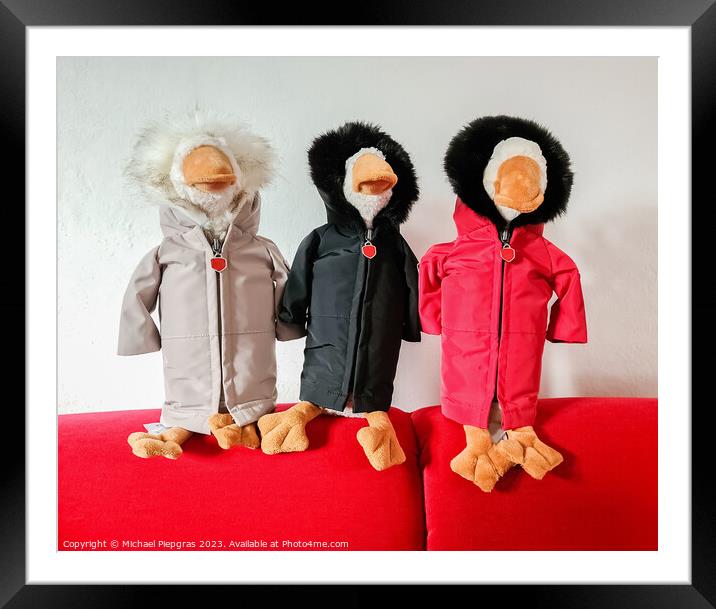 Three geese stuffed animals with weatherproof jackets Framed Mounted Print by Michael Piepgras