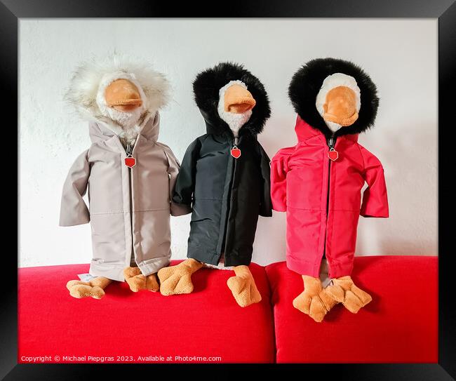 Three geese stuffed animals with weatherproof jackets Framed Print by Michael Piepgras