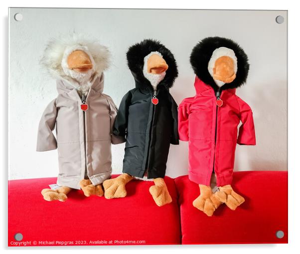 Three geese stuffed animals with weatherproof jackets Acrylic by Michael Piepgras
