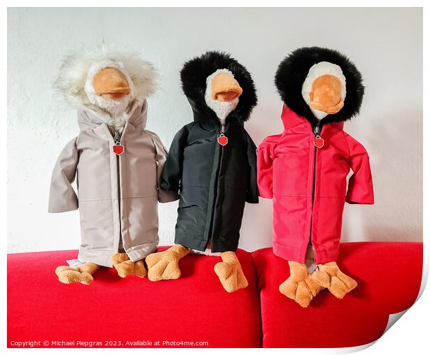Three geese stuffed animals with weatherproof jackets Print by Michael Piepgras