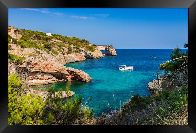 Idyllic bay with luxury yacht at the coast Majorca Framed Print by Alex Winter