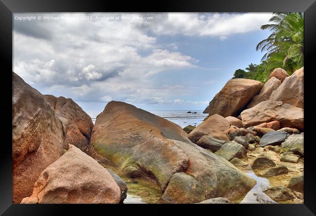 Beautiful rocks at the beaches of the tropical paradise island S Framed Print by Michael Piepgras