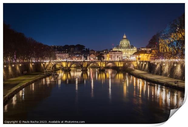 Sant Angelo bridge and St. Peter's cathedral in Rome Print by Paulo Rocha