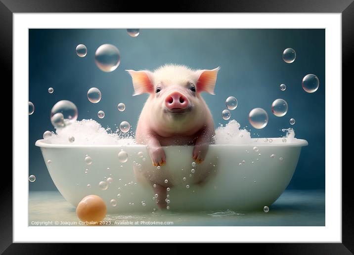 A cute little pig takes a bubble bath to keep himself clean and  Framed Mounted Print by Joaquin Corbalan