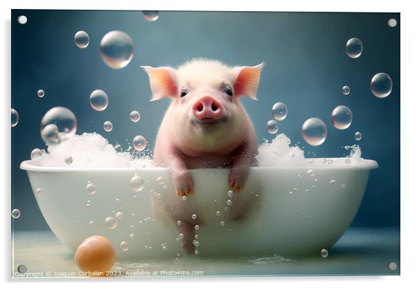 A cute little pig takes a bubble bath to keep himself clean and  Acrylic by Joaquin Corbalan
