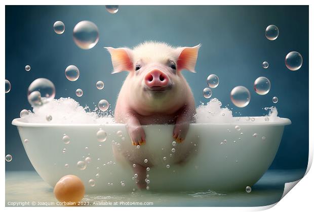 A cute little pig takes a bubble bath to keep himself clean and  Print by Joaquin Corbalan