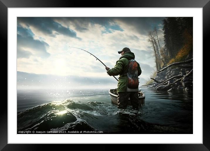 A man goes out into the sea to fish with a rod. Ai generated. Framed Mounted Print by Joaquin Corbalan