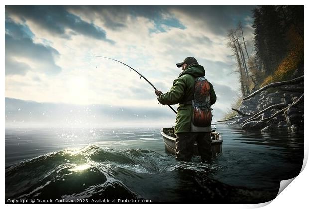 A man goes out into the sea to fish with a rod. Ai generated. Print by Joaquin Corbalan