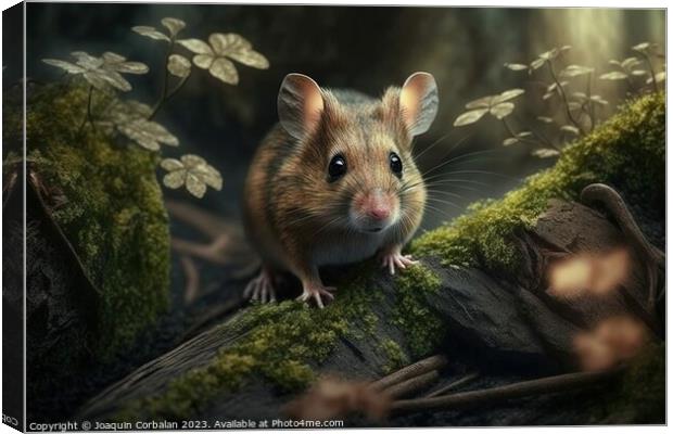 A shy little mouse between the trunks of a forest. Canvas Print by Joaquin Corbalan