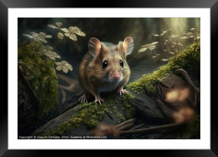 A shy little mouse between the trunks of a forest. Framed Mounted Print by Joaquin Corbalan