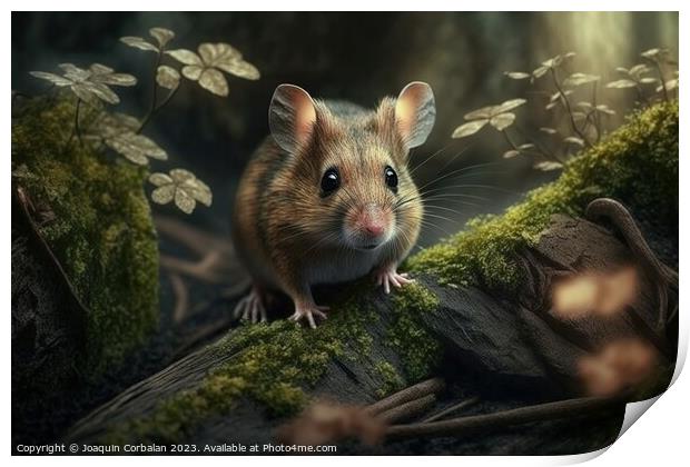 A shy little mouse between the trunks of a forest. Print by Joaquin Corbalan