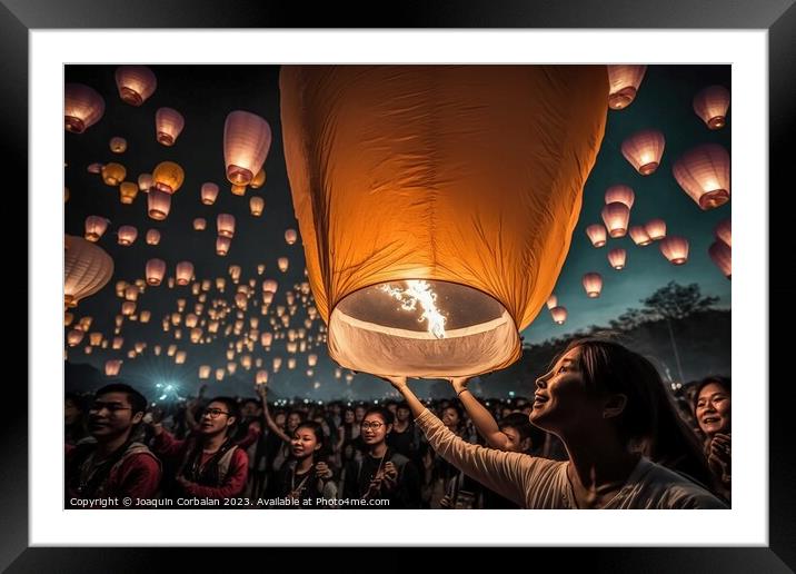 Asian tourists throwing paper lanterns into the air on a festiva Framed Mounted Print by Joaquin Corbalan