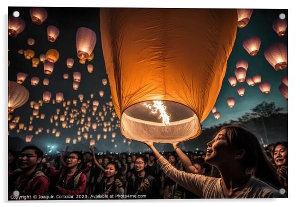 Asian tourists throwing paper lanterns into the air on a festiva Acrylic by Joaquin Corbalan
