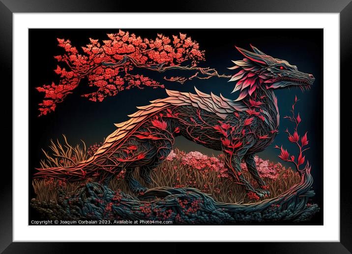 Artistic design of a Chinese millennial dragon, wood textured fo Framed Mounted Print by Joaquin Corbalan