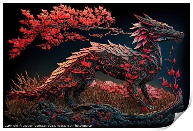 Artistic design of a Chinese millennial dragon, wood textured fo Print by Joaquin Corbalan