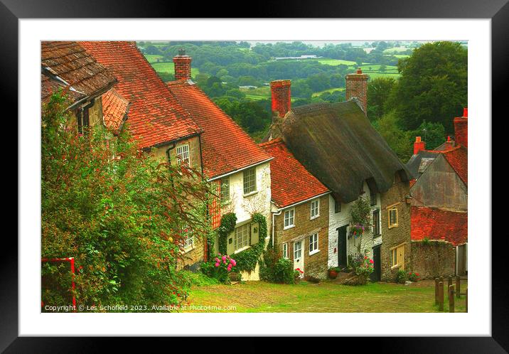 Gold hill Shaftsbury Dorset Framed Mounted Print by Les Schofield