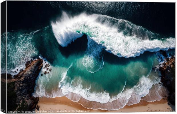 Aerial view of the beach waves hitting the sand. Ai generated. Canvas Print by Joaquin Corbalan
