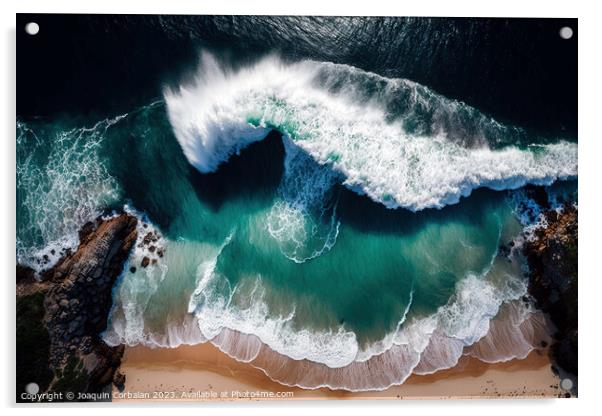 Aerial view of the beach waves hitting the sand. Ai generated. Acrylic by Joaquin Corbalan