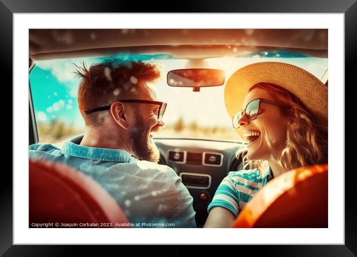 A couple enjoy a weekend car vacation, they laugh while driving. Framed Mounted Print by Joaquin Corbalan