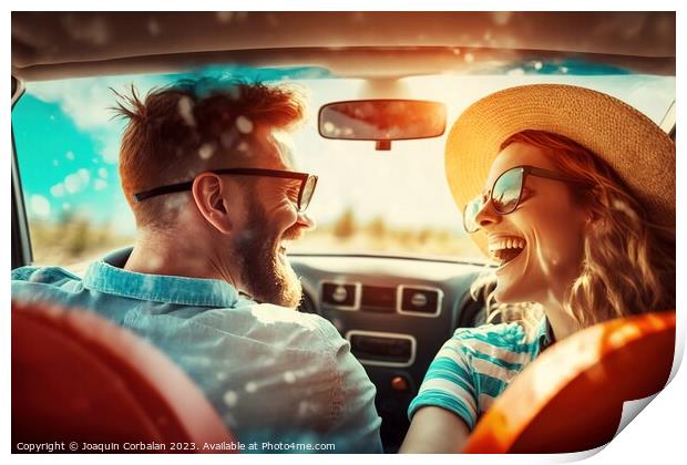 A couple enjoy a weekend car vacation, they laugh while driving. Print by Joaquin Corbalan