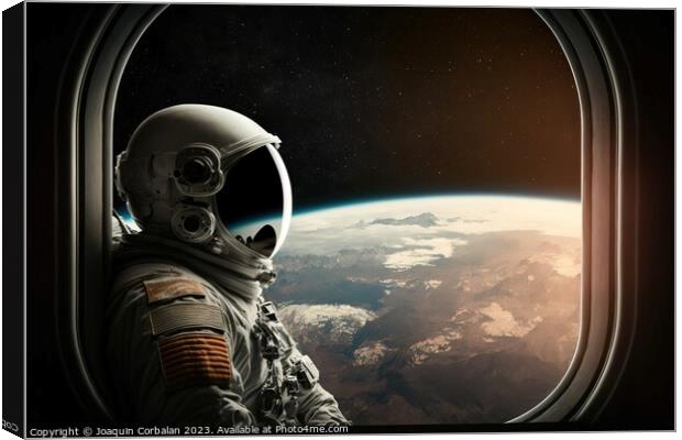 Astronaut in a helmet looks out the window of the space station. Canvas Print by Joaquin Corbalan