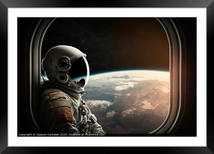Astronaut in a helmet looks out the window of the space station. Framed Mounted Print by Joaquin Corbalan