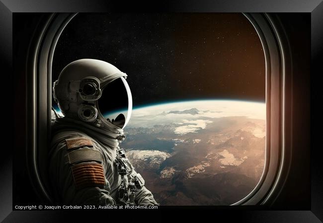Astronaut in a helmet looks out the window of the space station. Framed Print by Joaquin Corbalan