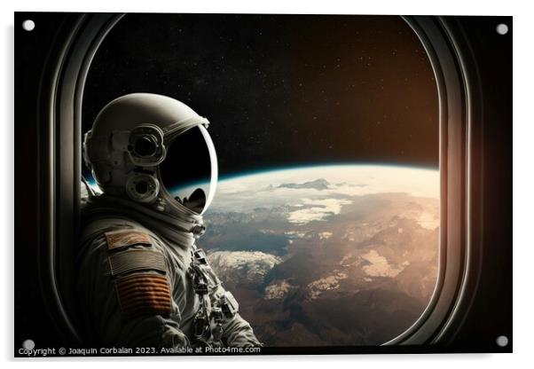 Astronaut in a helmet looks out the window of the space station. Acrylic by Joaquin Corbalan