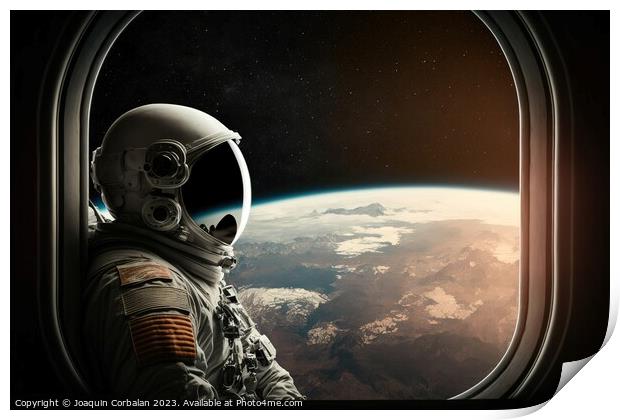 Astronaut in a helmet looks out the window of the space station. Print by Joaquin Corbalan