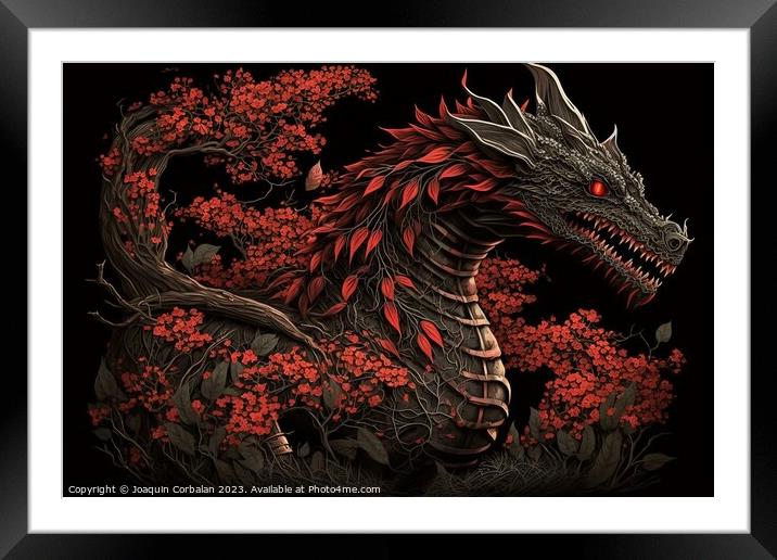 Artistic design of a Chinese millennial dragon, wood textured fo Framed Mounted Print by Joaquin Corbalan