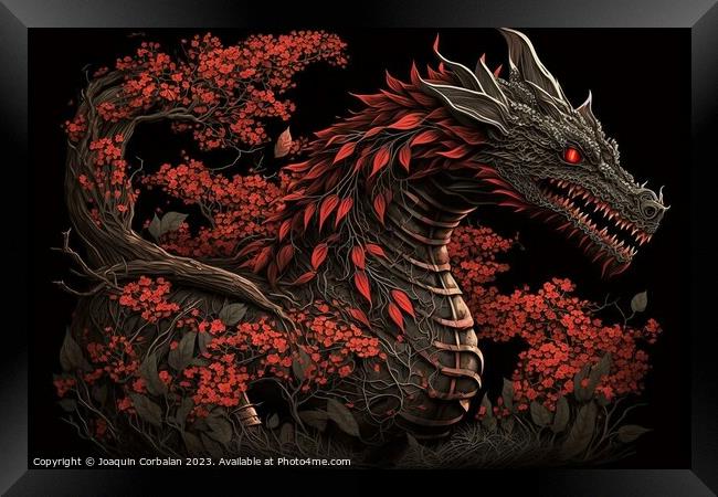 Artistic design of a Chinese millennial dragon, wood textured fo Framed Print by Joaquin Corbalan