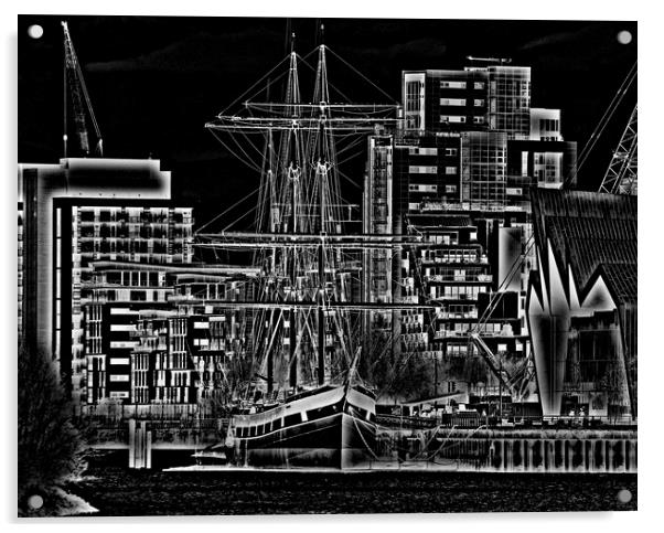 Tall ship Glenlee, Glasgow  (pencil sketch abstrac Acrylic by Allan Durward Photography