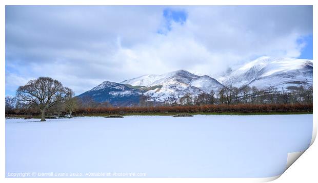 Snow covered field and hills Print by Darrell Evans