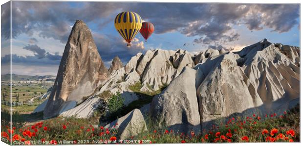 Hot Air Balloons Over the Spectacular Rock Formations of Cappado Canvas Print by Paul E Williams