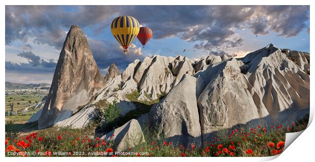 Hot Air Balloons Over the Spectacular Rock Formations of Cappado Print by Paul E Williams