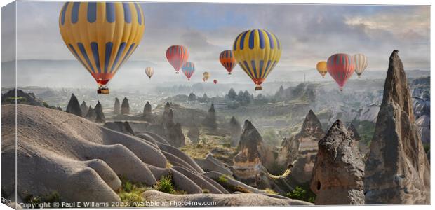 Hot Air Balloons Over Spectacular Rock Formations Cappadocia Canvas Print by Paul E Williams