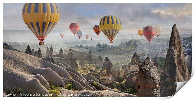Hot Air Balloons Over Spectacular Rock Formations Cappadocia Print by Paul E Williams