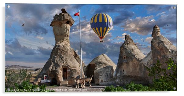 Hot Air Balloons Over Fairy Chimney Police Station Cappadocia Acrylic by Paul E Williams