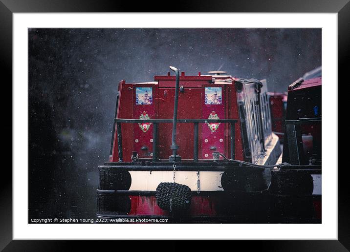 Red Narrow Boat in Winter Framed Mounted Print by Stephen Young