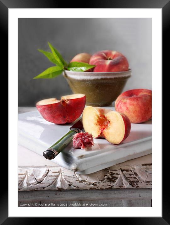 Delicious Ripe Bowl of Fresh Peaches with One Cut Open Framed Mounted Print by Paul E Williams