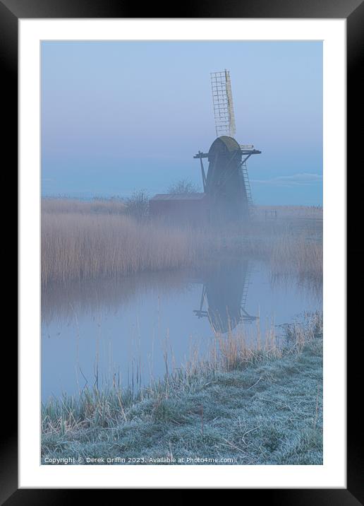 Herringfleet wind pump in the mist Framed Mounted Print by Derek Griffin