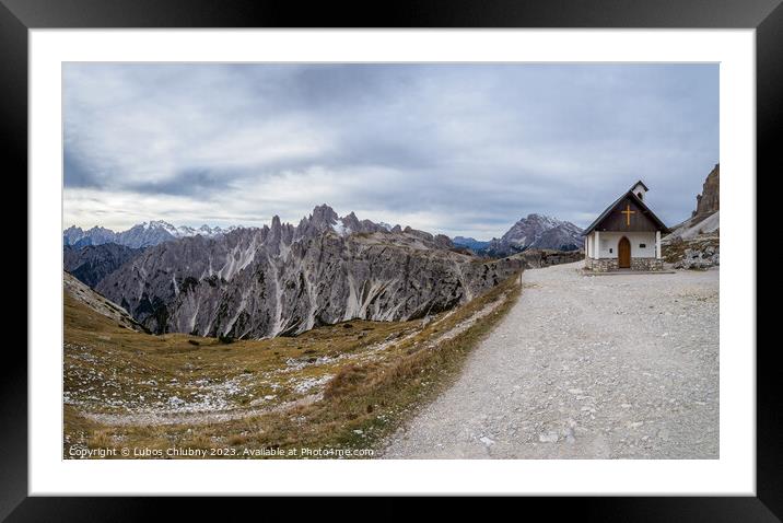 View on mountain small chapel in the Tre Cime Di Laveredo National Park. Dolomite Alps mountains, Trentino Alto Adige region, Dolomites, Italy Framed Mounted Print by Lubos Chlubny