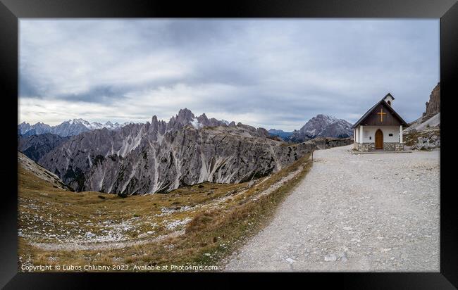 View on mountain small chapel in the Tre Cime Di Laveredo National Park. Dolomite Alps mountains, Trentino Alto Adige region, Dolomites, Italy Framed Print by Lubos Chlubny