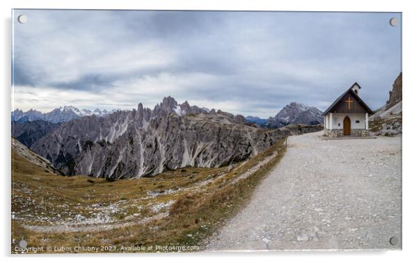 View on mountain small chapel in the Tre Cime Di Laveredo National Park. Dolomite Alps mountains, Trentino Alto Adige region, Dolomites, Italy Acrylic by Lubos Chlubny