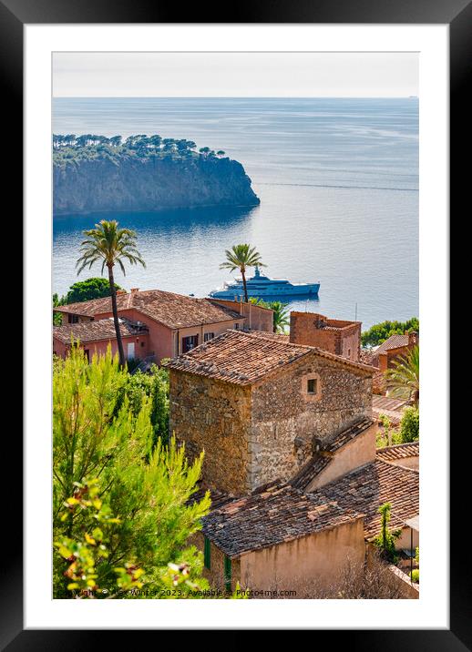 Small mediterranean village and luxury yacht Framed Mounted Print by Alex Winter