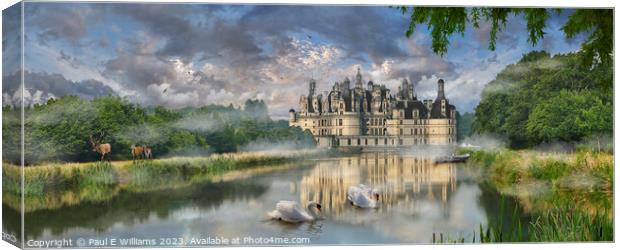 The impressive iconic Chateau de Chambord in early morning mist Canvas Print by Paul E Williams